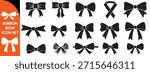 Ribbon bow icon set, vector coquettish cute knot, romantic love doodle vintage accessory collection. Holiday gift decoration silhouette, birthday elegant design element. Feminine Valentine ribbon bow design big set.