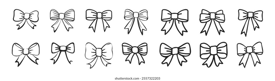 Ribbon bow icon set. Vector black ribbon icons isolated on transparent background. Gift, present design elements. 
