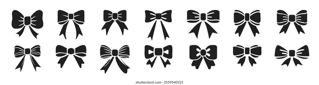 Ribbon bow icon set. Vector black ribbon icons isolated on transparent background. Gift, present design elements. 