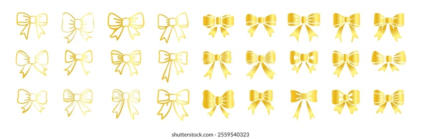 Ribbon bow icon set. Vector gold ribbon icons isolated on transparent background. Gift, present design elements. 