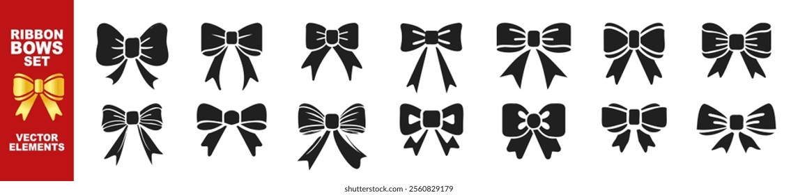 Ribbon bow icon set. Vector black ribbon icons isolated on transparent background. Gift, present design elements. 