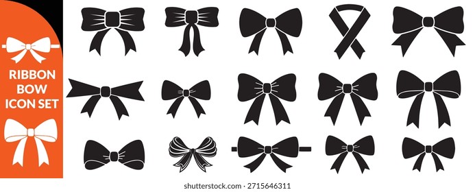 Conjunto de iconos de lazo de cinta, nudo lindo coqueto de Vector, colección de accesorios vintage de doodle de amor romántico. Silueta de la decoración del regalo de Festiva, elemento elegante del diseño del cumpleaños. Conjunto grande de diseño de lazo de cinta de San Valentín femenino.