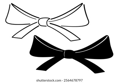 Ribbon bow icon. Silhouette and outline drawing. Vector illustrations, isolated on a white background.