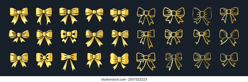 Ribbon bow icons set. Elegant gold simple sign bow for celebrations Valentines Day, New Year, wedding or birthday decoration. Vector red ribbon icons isolated on transparent background.