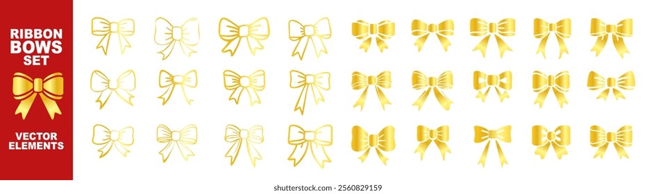 Ribbon bow icons set. Elegant gold simple sign bow for celebrations Valentines Day, New Year, wedding or birthday decoration. Vector red ribbon icons isolated on transparent background.
