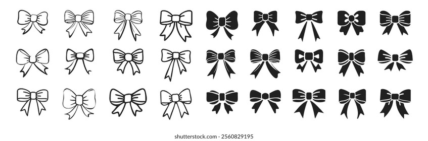 Ribbon bow icons set. Elegant simple sign bow for celebrations Valentines Day, New Year, wedding or birthday decoration. Vector red ribbon icons isolated on transparent background.