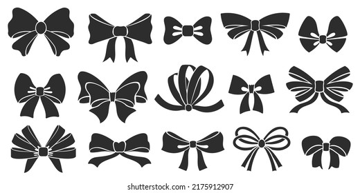 Ribbon bow icons. Stencil elegant knot, tie bows silhouette and ribbons for gift decorating vector set. Female hair accessory and male clothing element for festive and fashionable outfit