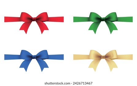 Ribbon and bow isolated on white background. Frame set. Holiday decoration. Gift. Award. Red, green, blue and gold.