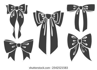 Ribbon bow with knot for gift and hair. Vector icons and doodle black silhouette. Hand drawn flat design for birthday and Christmas holidays presents decoration. Fashion elements accessories.