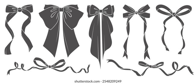 Ribbon bow with knot for gift and hair. Vector icons and doodle black silhouette. Hand drawn flat design for birthday and Christmas holidays presents decoration. Fashion elements accessories.