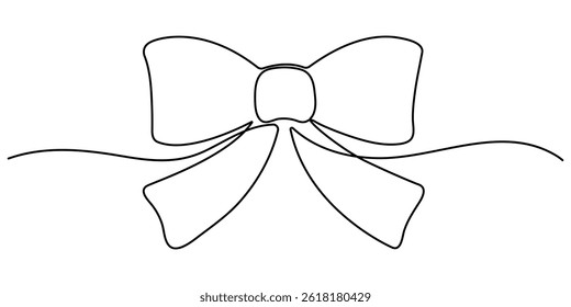 Ribbon bow with knot illustration. One continuous line drawing of bow tie vector design. Decorative ribbon bow in continuous line art drawing style.
