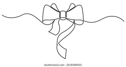 Ribbon bow with knot illustration. One continuous line drawing of bow tie vector design. Decorative ribbon bow in continuous line art drawing style.