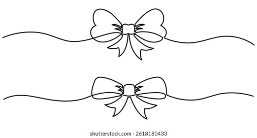 Ribbon bow with knot illustration. One continuous line drawing of bow tie vector design. Decorative ribbon bow in continuous line art drawing style.