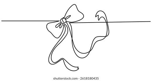 Ribbon bow with knot illustration. One continuous line drawing of bow tie vector design. Decorative ribbon bow in continuous line art drawing style.