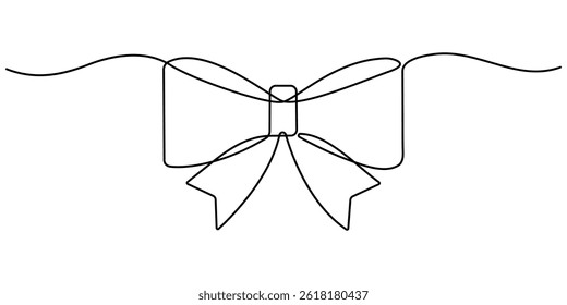 Ribbon bow with knot illustration. One continuous line drawing of bow tie vector design. Decorative ribbon bow in continuous line art drawing style.