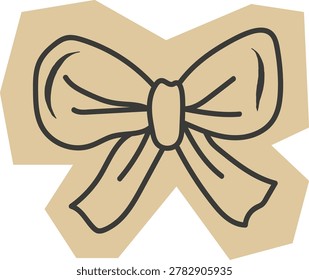 Ribbon bow knot sketched with bold line on scrapbook kraft paper cutout. Symbol of celebration, gift wrap, party decor, and festivity for greetings and packaging. Cartoon vector illustration.
