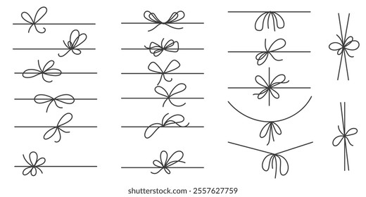 Ribbon bow with knots for present decoration and gift box package. Simple vector hand drawn string and outline minimal ropes. Thin cute decoration with twine tinsel and yarn with loops. Holiday design