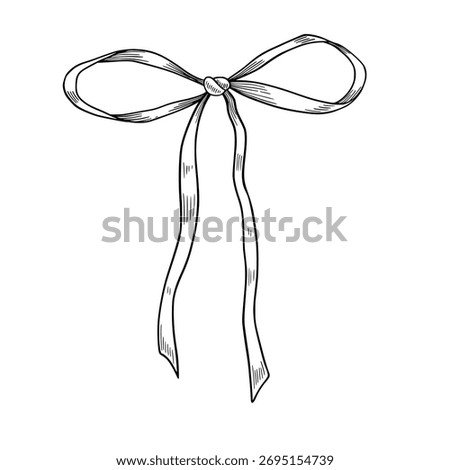 Ribbon bow with long tails vector illustration. Linear drawing of tied knot for classic wrapping designs. Outline graphic in vintage style for Birthday greeting cards or Christmas invitations.