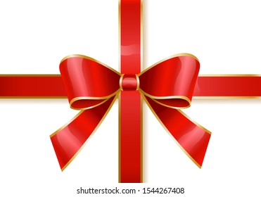 Ribbon bow made of fabric satin. Isolated red stripe with knot used as decoration for presents and gift cards. Design of certificates for greetings. Decoration for sales announcement, vector