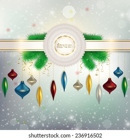 The ribbon with a bow on the background with fa snowflakes. Festive vector illustration of Christmas toys, Christmas card. 