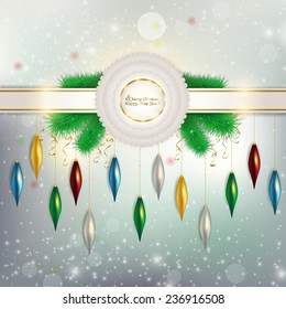 The ribbon with a bow on the background with falling snowflakes. Festive vector illustration of Christmas toys, Christmas card. 