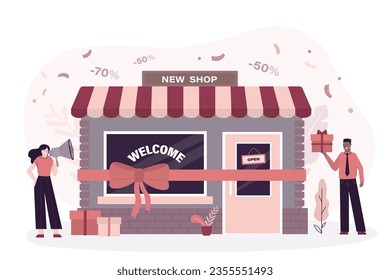 Ribbon with bow on storefront, grand opening ceremony. Business people owners carry out promotion campaign to attract customers in new shop. Store grand open event. flat vector Illustration