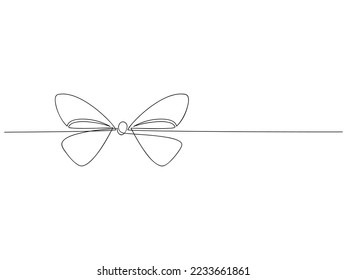 Ribbon bow one line continuous drawing illustration. Hand drawn linear silhouette icon vector. Minimal design element for print, banner, holiday card, wall art poster, brochure, postcard.