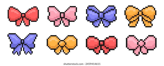 ribbon bow pixel art set, various bowknots, 80s, 90s, old arcade video game style, birthday decor, celebration, items for game, mobile app and more, vector illustration