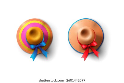 ribbon bow realistic two hats top view isolated on the white background.summer vacation and travel hat vector illustration.