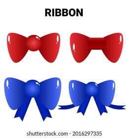 Ribbon bow red and Blue set. Valentine day or wedding decorated tape bows. Cartoon elements for present, celebration and congratulation. Isolated on white background vector illustration