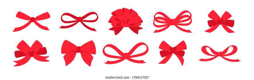 Ribbon bow red set. Valentine day or wedding decorated tape bows. Cartoon elements for present, celebration and congratulation. Isolated on white background vector illustration