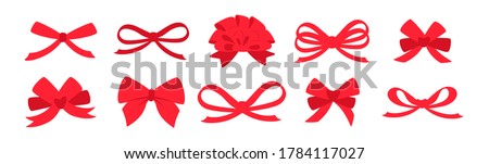 Ribbon bow red set. Valentine day or wedding decorated tape bows. Cartoon elements for present, celebration and congratulation. Isolated on white background vector illustration