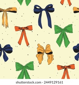 Ribbon bow seamless pattern. Cute hand drawing wallpaper. Coquette aesthetic bows in vintage style. Cartoon drawn colorful vector illustration isolated on color background