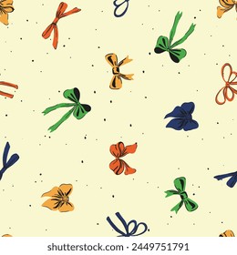 Ribbon bow seamless pattern. Cute hand drawing wallpaper. Coquette aesthetic bows in vintage style. Cartoon drawn colorful vector illustration isolated on color background