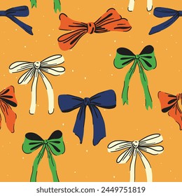 Ribbon bow seamless pattern. Cute hand drawing wallpaper. Coquette aesthetic bows in vintage style. Cartoon drawn colorful vector illustration isolated on color background