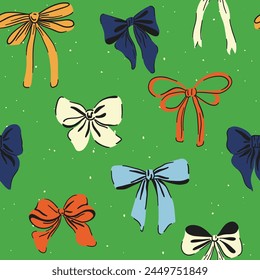 Ribbon bow seamless pattern. Cute hand drawing wallpaper. Coquette aesthetic bows in vintage style. Cartoon drawn colorful vector illustration isolated on color background