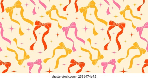 Ribbon bow seamless pattern. Cute vintage hair bowknots background with stars. Girly trendy design with flirtatious accessories for holiday and party decoration