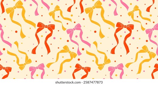 Ribbon bow seamless pattern with cute trendy knots. Vector vintage girly background for holidays and party decoration. Flirtatious pink satin hair accessories with confetti