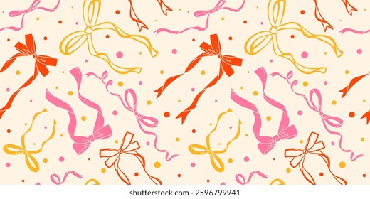 Ribbon bow seamless pattern with cute trendy knots. Vector vintage girly background for holidays and party decoration. Flirtatious pink satin hair accessories with confetti