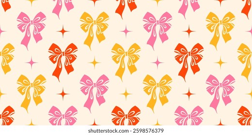 Ribbon bow seamless pattern. Cute vintage hair bowknots background with stars. Girly trendy design with flirtatious accessories for holiday and party decoration