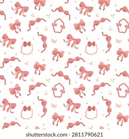 Ribbon bow seamless pattern set featuring butterfly sparkle knot loop tail curl diamond star wing ornament decoration twist strip band