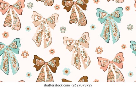 Ribbon bow seamless pattern vector coquettish girly print doodle hand drawn romantic knot background.  paisley texture, vintage cute festive wrapping paper. Celebration bow pattern