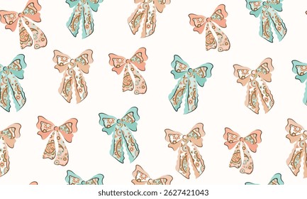 Ribbon bow seamless pattern vector coquettish girly print holiday texture, vintage cute festive wrapping paper. Celebration bow pattern, check, paisley print bow, peach pink, beige, blue, bohemian