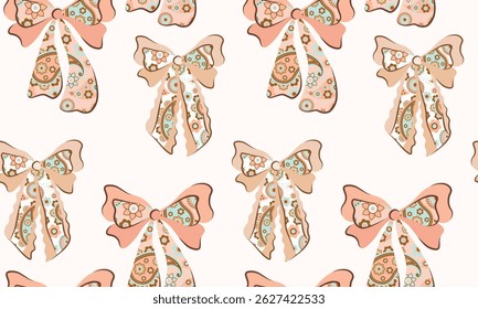 Ribbon bow seamless pattern vector coquettish girly print holiday texture, vintage cute festive wrapping paper. Celebration bow pattern, check, paisley print bow, peach pink, beige, blue, bohemian