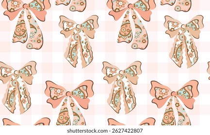 Ribbon bow seamless pattern vector coquettish girly print holiday texture, vintage cute festive wrapping paper. Celebration bow pattern, check, paisley print bow, peach pink, beige, blue, bohemian