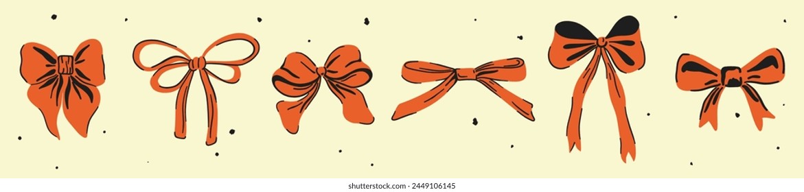 Ribbon bow set. Cute hand drawing elements. Coquette aesthetic bows collection in vintage style. Cartoon drawn colorful vector illustration isolated on color background 