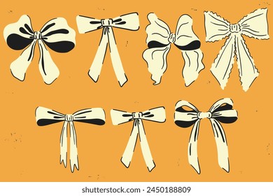 Ribbon bow set. Cute hand drawing elements. Coquette aesthetic bows collection in vintage style. Cartoon drawn colorful vector illustration isolated on color background 