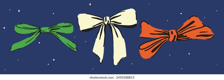 Ribbon bow set. Cute hand drawing elements. Coquette aesthetic bows collection in vintage style. Cartoon drawn colorful vector illustration isolated on color background 