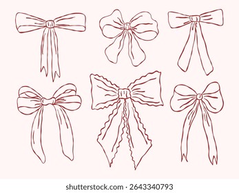 Ribbon bow set. Cute line hand drawing holiday gift elements. Coquette outline whimsical tied bows collection in vintage style. Cartoon drawn vector illustration isolated on pastel background