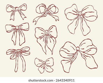 Ribbon bow set. Cute line hand drawing holiday gift elements. Coquette outline whimsical tied bows collection in vintage style. Cartoon drawn vector illustration isolated on pastel background